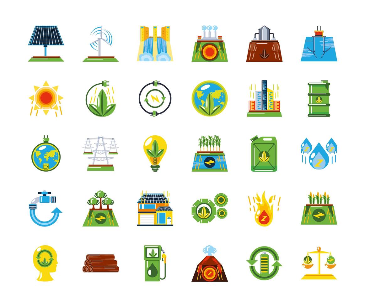 förnybar energikälla ren hållbar utveckling ikoner vektor