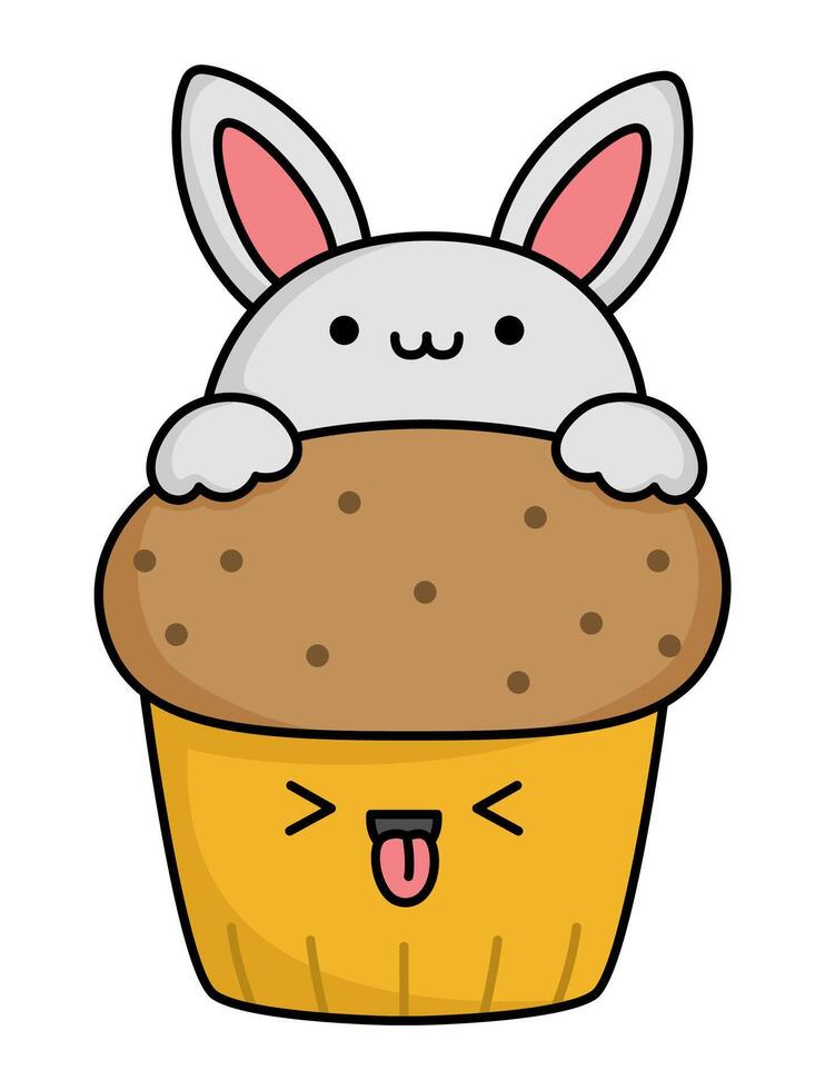 Vektor Ostern Cupcake zum Kinder. süß kawaii Schokolade Tasse Kuchen mit Hase Hase auf oben. komisch Karikatur Charakter. traditionell Frühling Urlaub Dessert Illustration