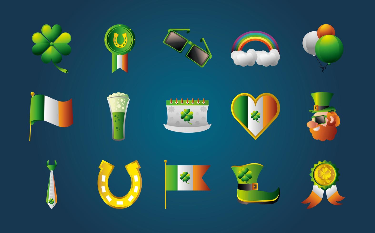 St. Patricks Day Icons Set Klee Flagge Irish Heart Balloons vektor
