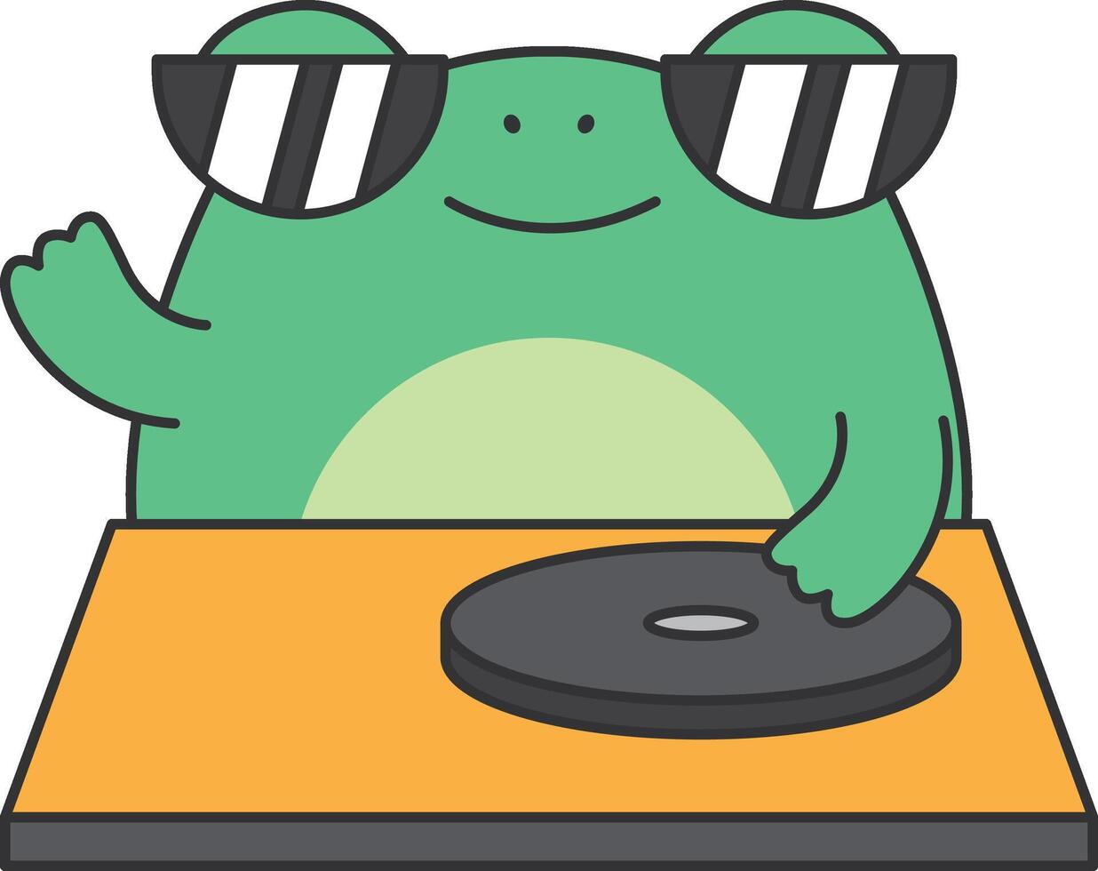 süß Frosch spielen Vinyl aufzeichnen. Vektor Illustration im eben Stil.