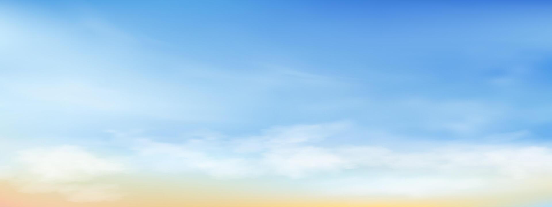 himmel blå med moln bakgrund ,vektor horisont strand solnedgång med gul och blå Färg i vår, panorama skön natur morgon- soluppgång himmel i solig dag sommar, banner landskap bakgrund vektor