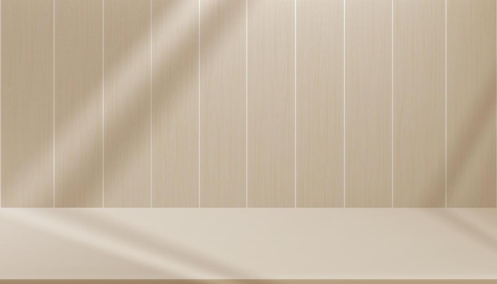 Beige Hintergrund, leer Studio Holz Mauer Zimmer und Podium mit Licht, Fenster Schatten, minimal Hintergrund 3d Beige Anzeige Zimmer mit Stand spotten oben zum Produkt Präsentation, Ostern Verkauf, Frühling Sommer Herbst vektor