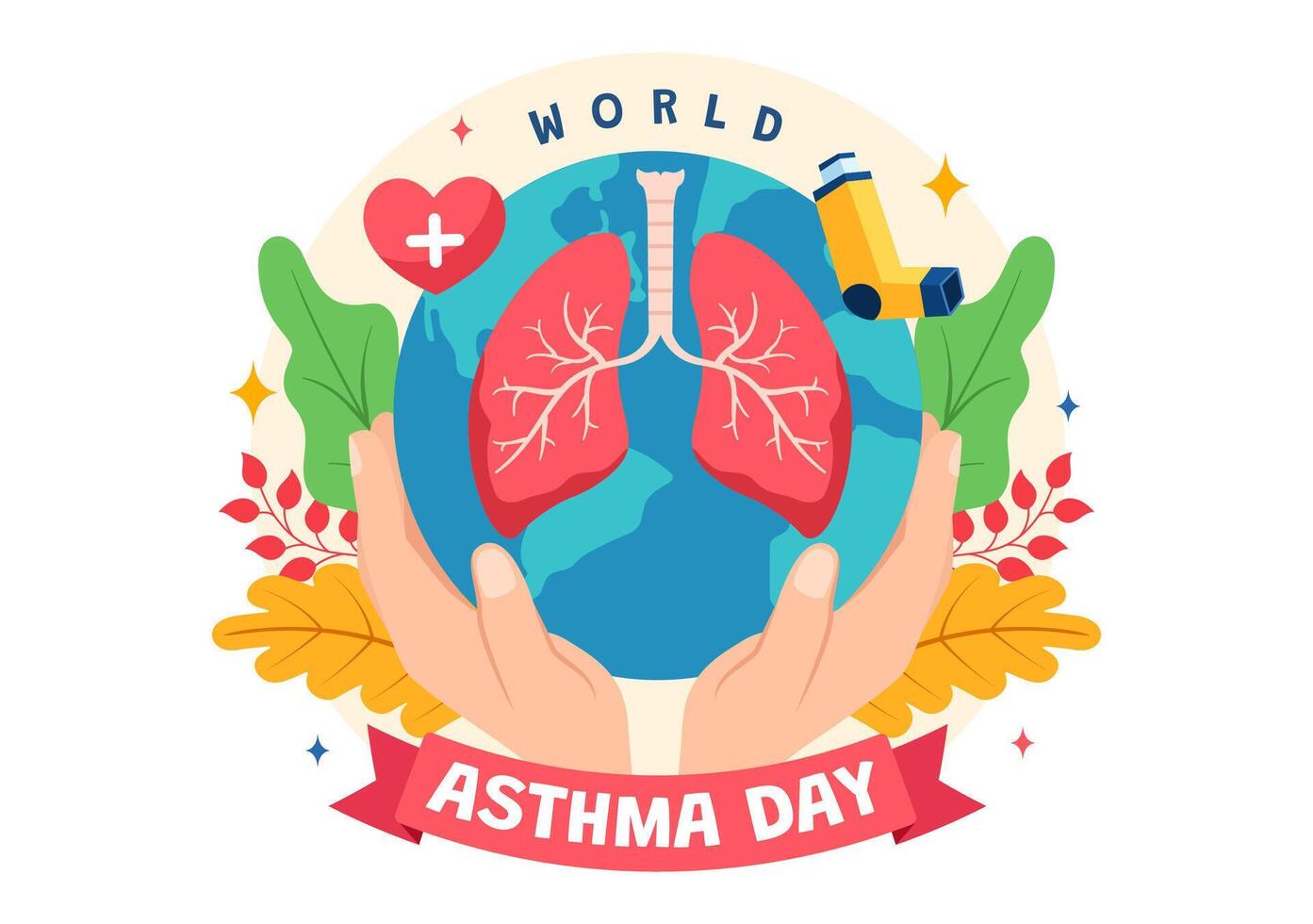 värld astma dag vektor illustration på Maj 2 med inhalator, medicinsk Utrustning och hälsa förebyggande lungor i sjukvård platt tecknad serie bakgrund