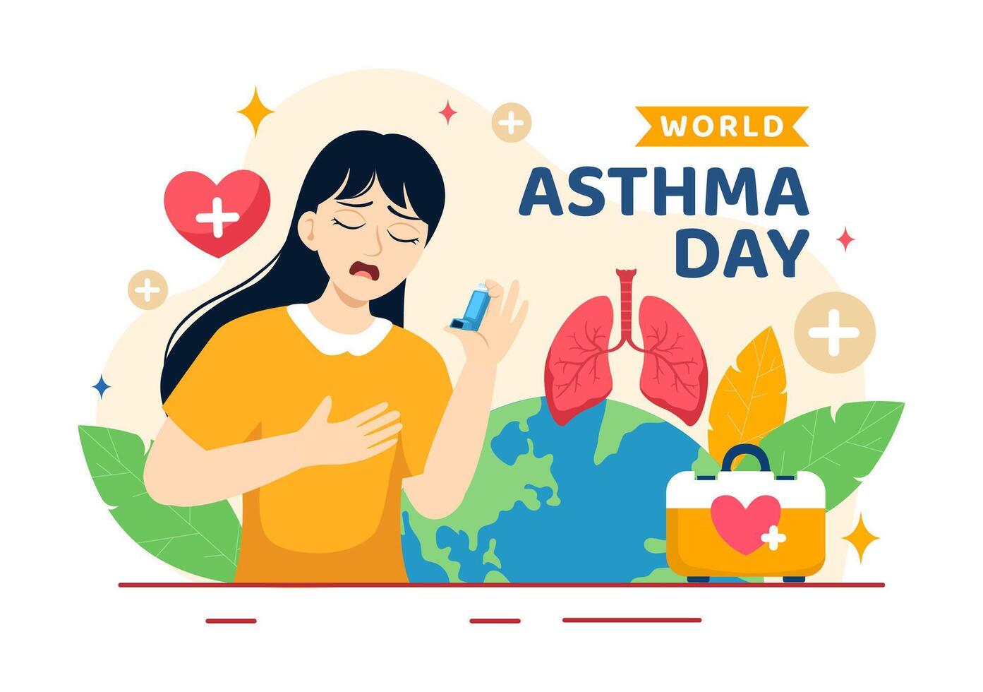 Welt Asthma Tag Vektor Illustration auf kann 2 mit Inhalator, medizinisch Ausrüstung und Gesundheit Verhütung Lunge im Gesundheitswesen eben Karikatur Hintergrund
