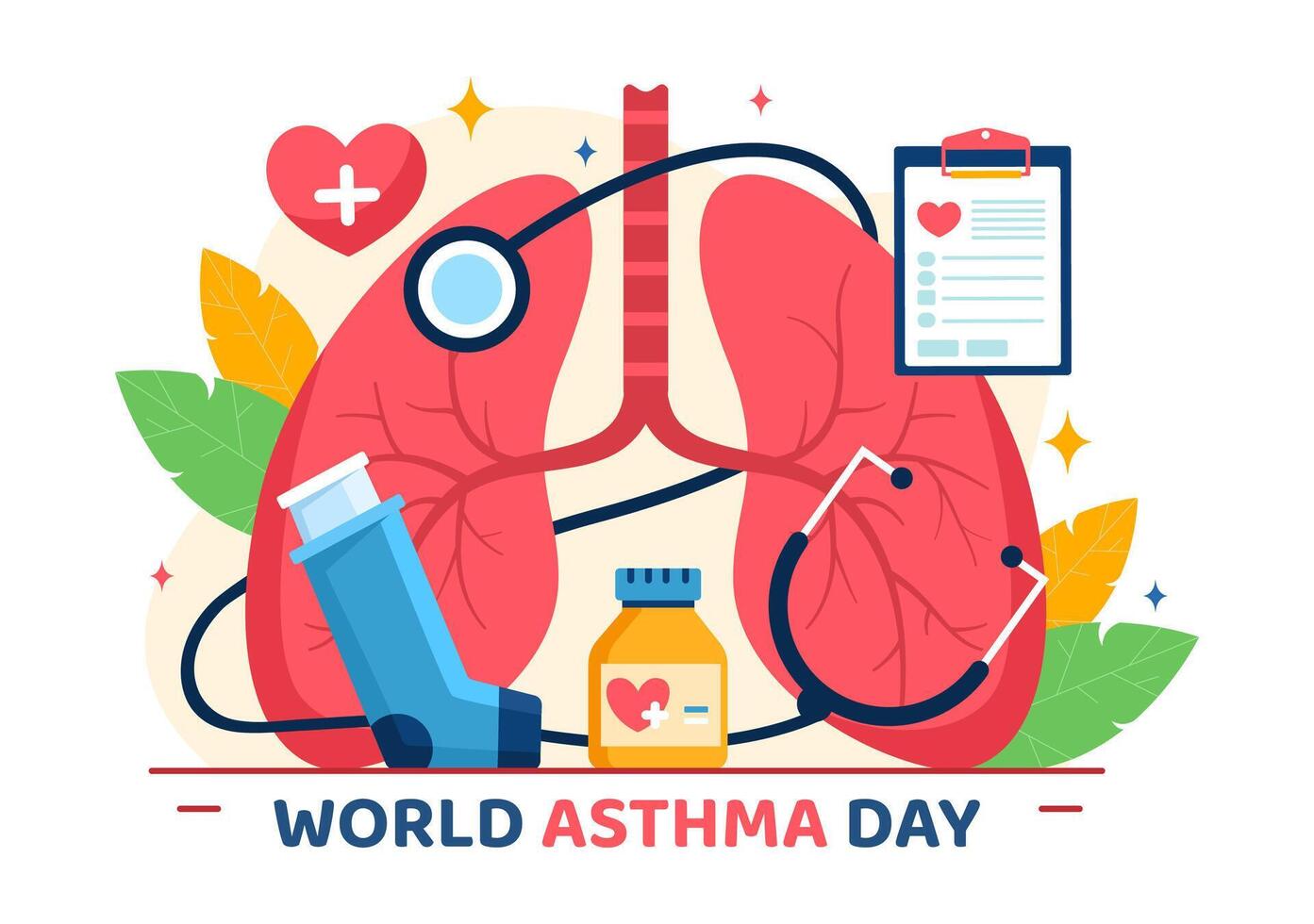 värld astma dag vektor illustration på Maj 2 med inhalator, medicinsk Utrustning och hälsa förebyggande lungor i sjukvård platt tecknad serie bakgrund