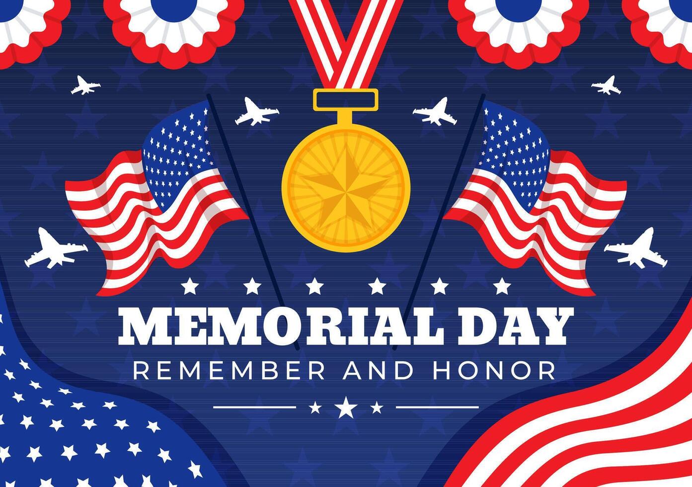 minnesmärke dag av kom ihåg och hedra vektor illustration med amerikan flagga och band till meriterande soldat i platt tecknad serie bakgrund