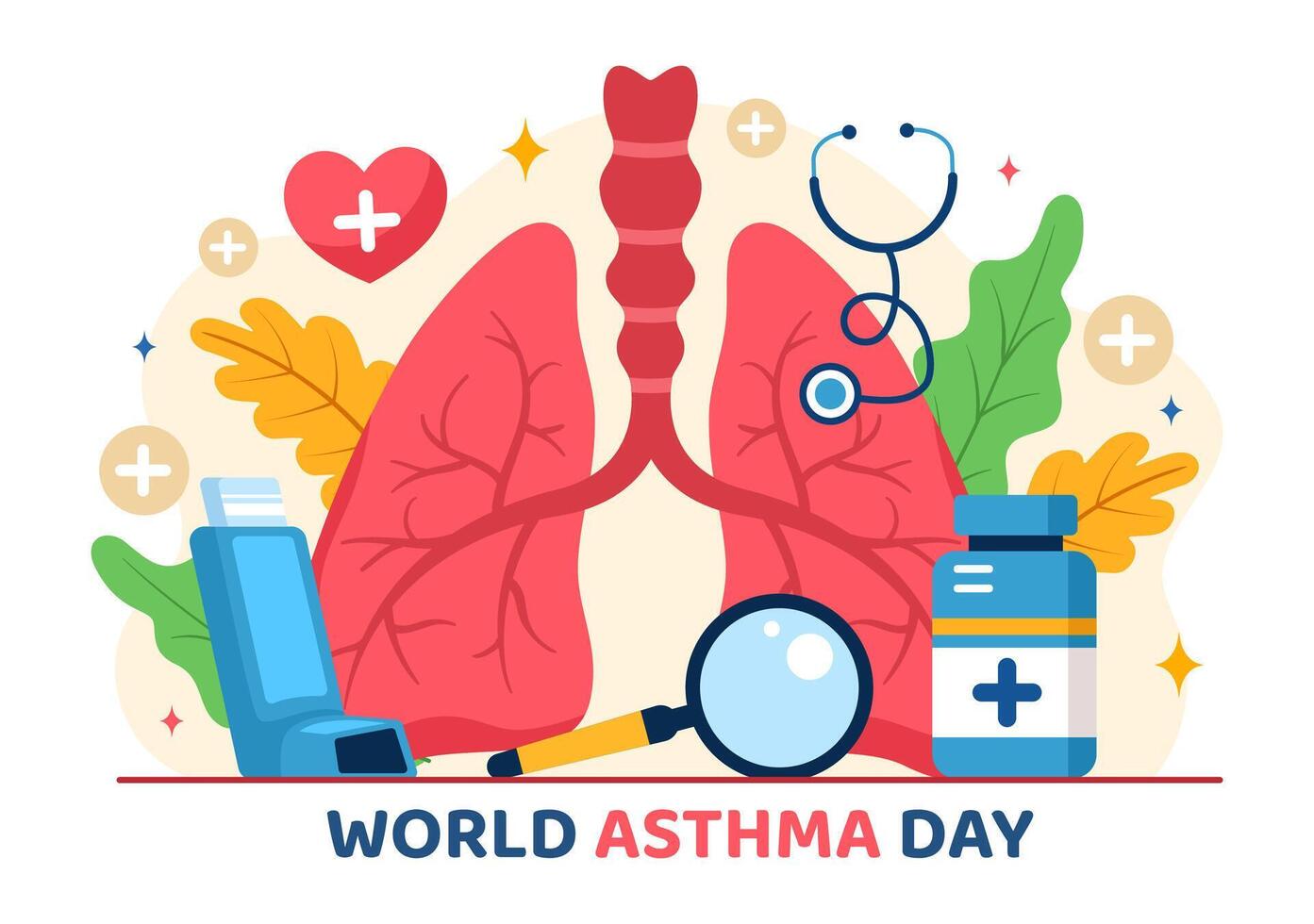 Welt Asthma Tag Vektor Illustration auf kann 2 mit Inhalator, medizinisch Ausrüstung und Gesundheit Verhütung Lunge im Gesundheitswesen eben Karikatur Hintergrund