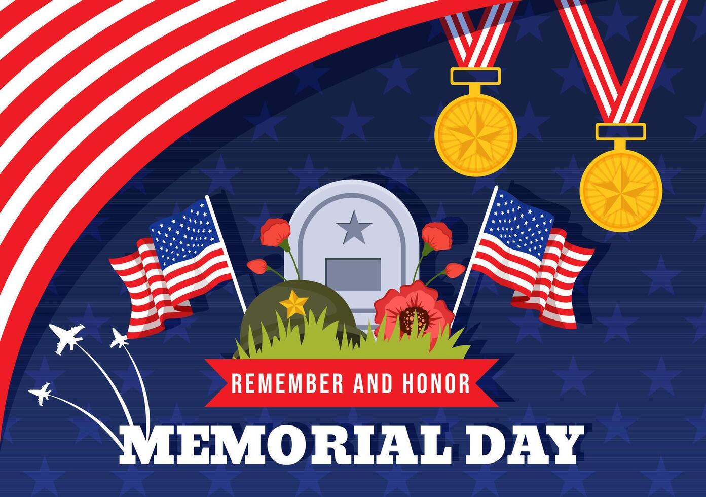Denkmal Tag von merken und Ehre Vektor Illustration mit amerikanisch Flagge und Band zu verdienstvoll Soldat im eben Karikatur Hintergrund