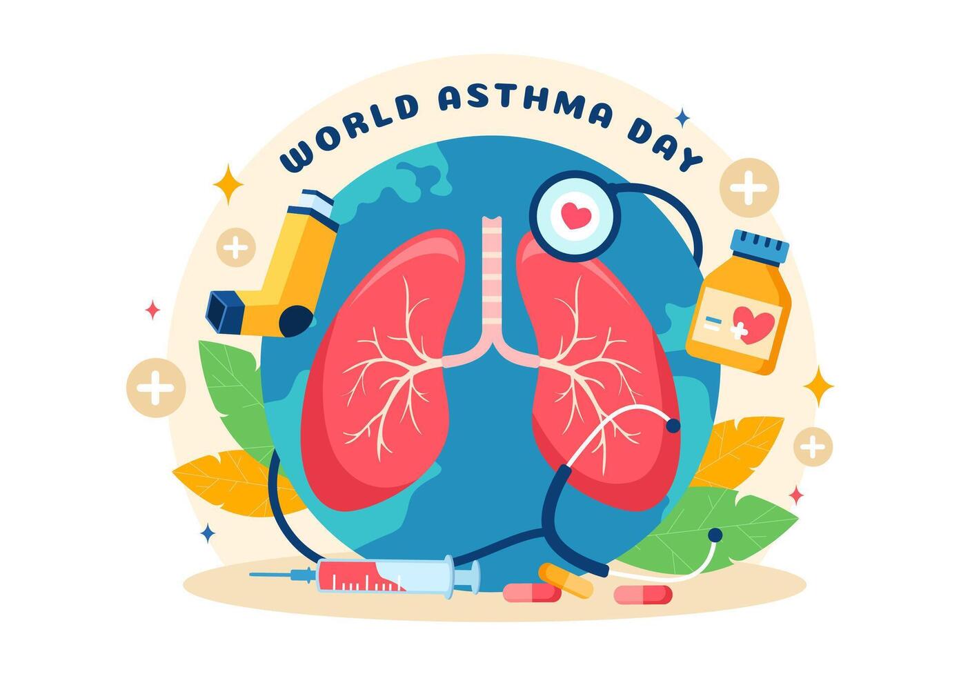 värld astma dag vektor illustration på Maj 2 med inhalator, medicinsk Utrustning och hälsa förebyggande lungor i sjukvård platt tecknad serie bakgrund