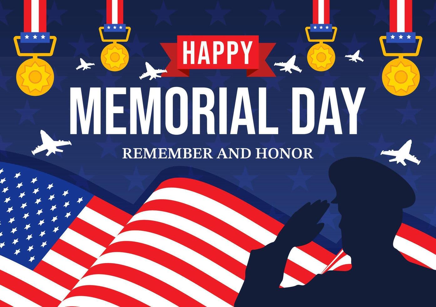 Denkmal Tag von merken und Ehre Vektor Illustration mit amerikanisch Flagge und Band zu verdienstvoll Soldat im eben Karikatur Hintergrund