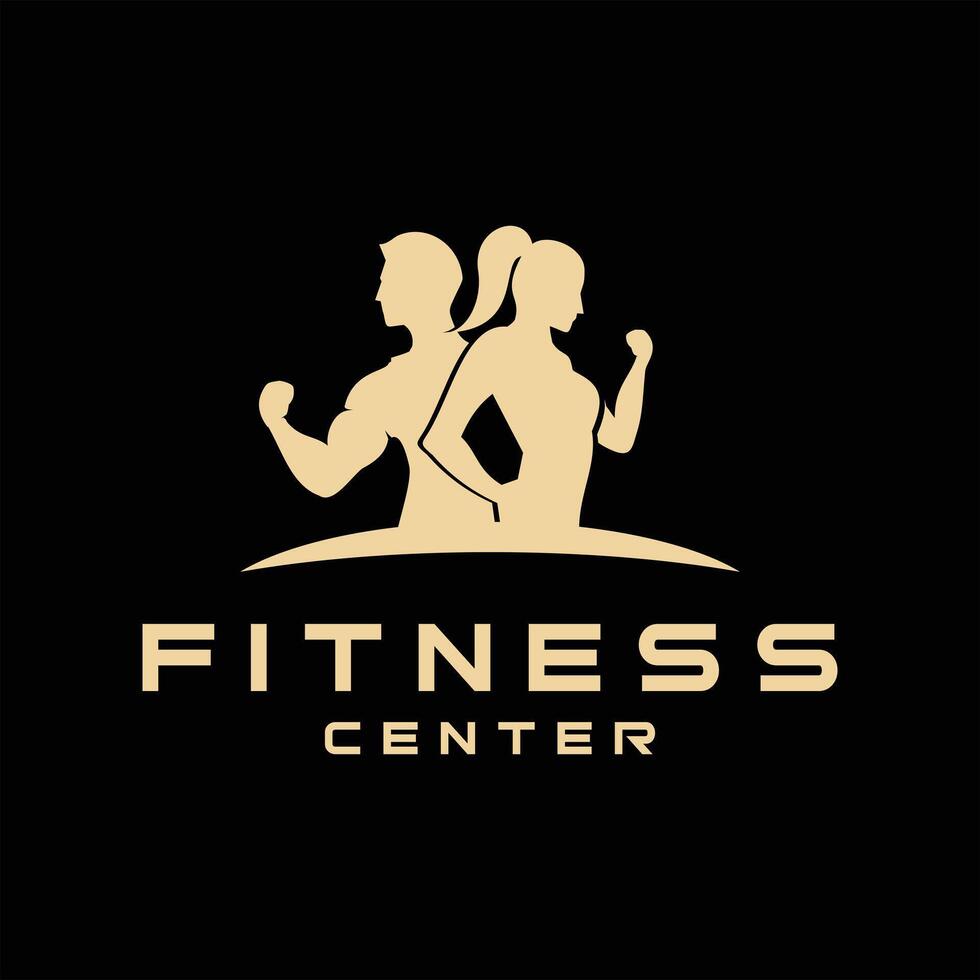 Fitness Center Logo. Sport und Fitness Logo Design . Fitnessstudio Logo Symbol Design Vektor Aktie, oder Emblem mit Frau und Mann Silhouetten. Frau und Mann hält Hanteln.