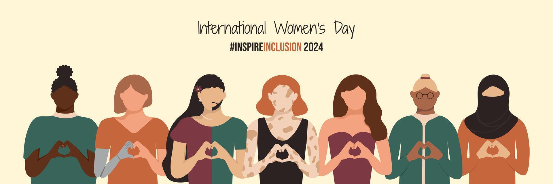 inspirieren Aufnahme 2024 International Damen Tag Banner. Vielfalt Mädchen mit Prothese und Vitiligo, sie er Sie identifizieren. gemischtrassig Menge von Behinderte, anders Figur, Alter im insparinclusion vektor