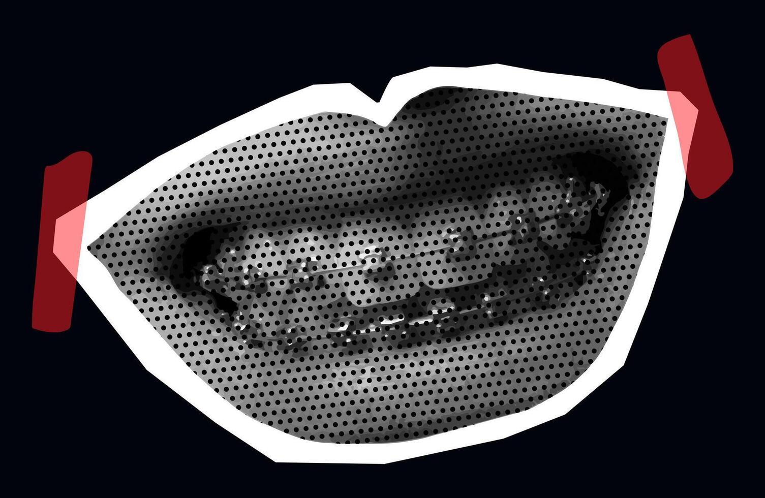 Lippen und Hosenträger isoliert Halbton Punkte Textur Bitmap retro Jahrgang Pop Kunst Stil Collage Element zum gemischt Medien modern verrückt Design Banner Poster auf das schwarz Hintergrund. vektor