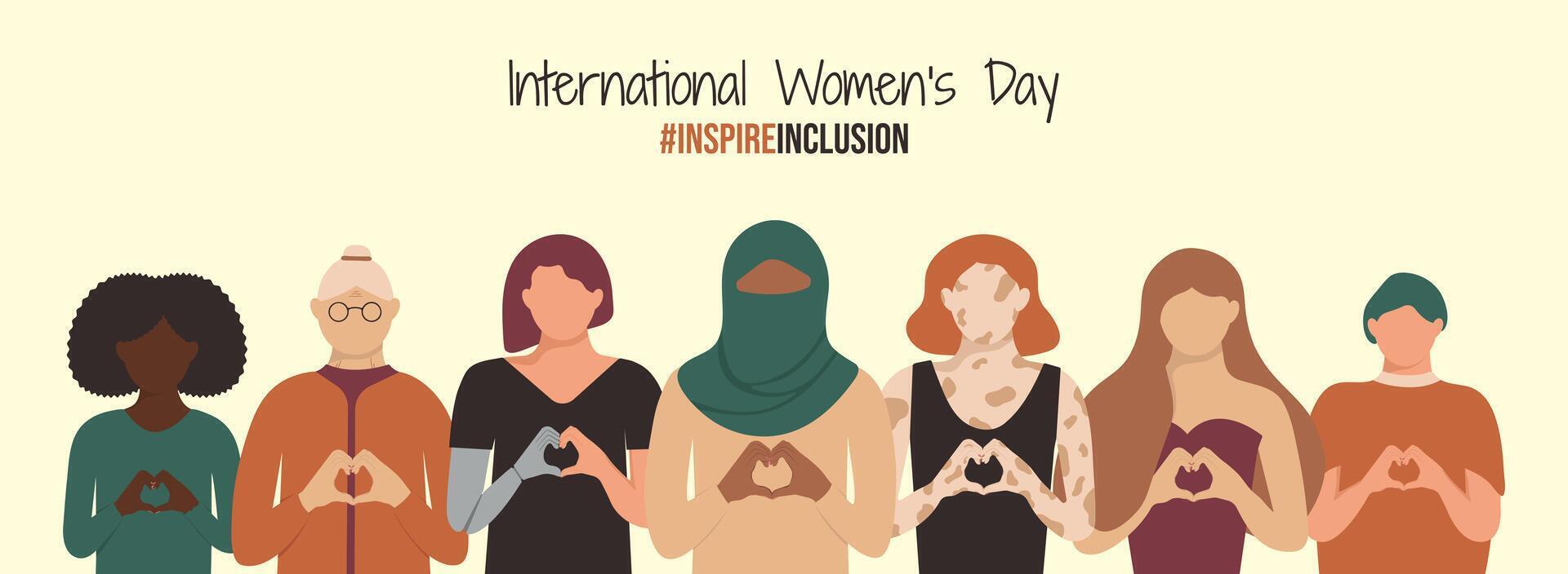 Inspirieren Sie Inklusion 2024 International Damen Tag Banner. gemischtrassig Menge von Behinderte, anders Figur, Alter und Farbe feminin. Vielfalt Mädchen mit Prothese und Vitiligo oder Depigmentierung Haut. vektor