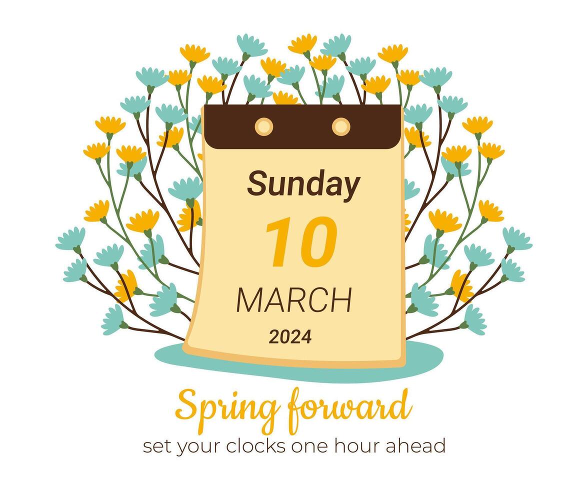 März 2024 Kalender zum Frühling nach vorne Poster. Grafik Vektor Zeitplan mit die Info und Blumen. Schalter Uhren von Winter zu Sommer auf Sonntag. einstellen Uhren einer Stunde voraus.