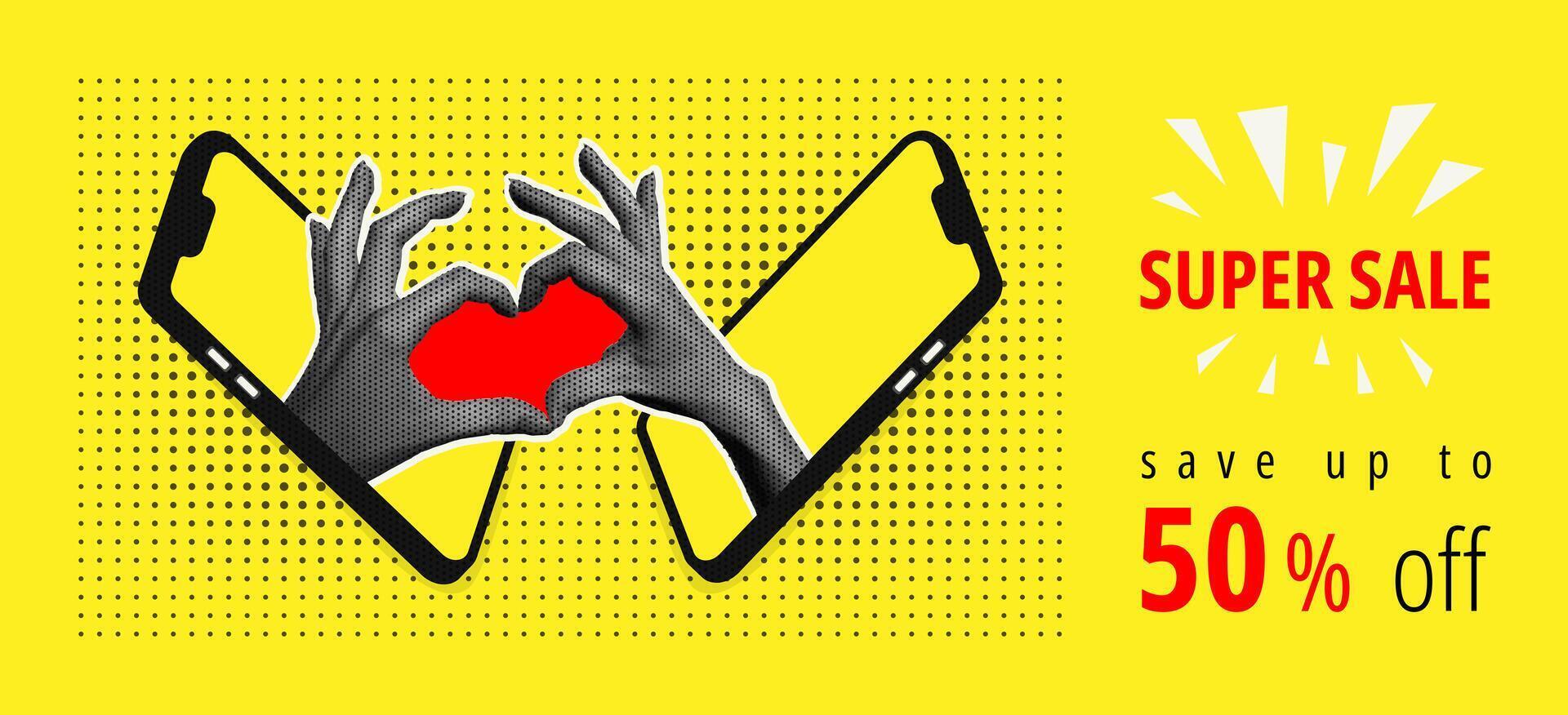 Super Verkauf Banner Konzept. Vektor Illustration mit Telefon und Hände zeigen Herz. Rabatt kreativ Trend Collage.