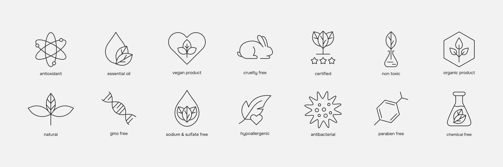 organisk kosmetika linje ikon uppsättning. hypoallergena, gmo fri, eco vänlig grymhet fri, naturlig, vegan tecken. märken för skönhet produkt. vektor illustration