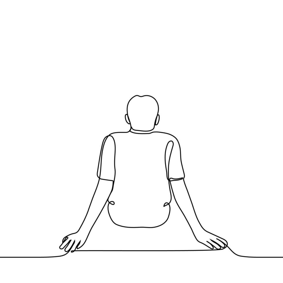 Mann sitzt auf das Fußboden oder Boden gelehnt seine Palmen hinter seine zurück - - einer Linie Zeichnung Vektor. kontemplativ Konzept, Entspannung vektor