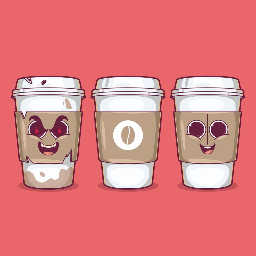 tre kaffe koppar med annorlunda uttryck vektor illustration. dryck, varumärke design begrepp.