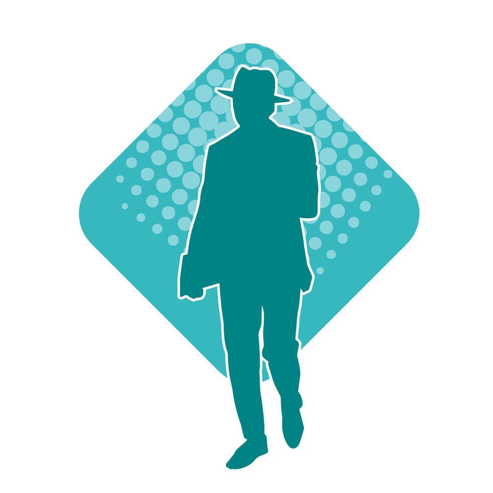 Silhouette von ein Gentleman tragen Geschäft passen oder Kleid Mantel und tragen Fedora Hut. vektor