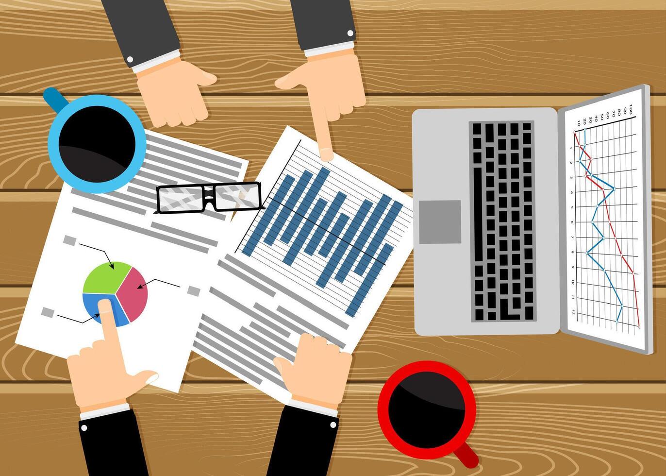 Geschäft treffen, Analyse und Diskussion. Arbeit Tabelle mit Diagramm und Grafik. Diskussion mit Partner, Tabelle Büro, Vektor Diagramm Analyse Illustration