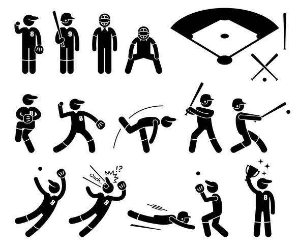 Baseball Player Actions Poses Pictogram Ikoner för Stick Figur. vektor