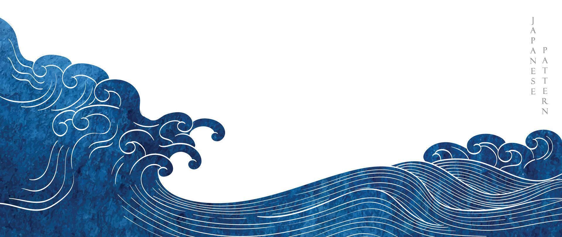 japanisch Hintergrund mit Blau Aquarell Textur Gemälde Element Vektor. orientalisch natürlich Welle Muster mit Ozean Meer Dekoration Banner Design im Jahrgang Stil. Marine Vorlage. Hand gezeichnet Linie. vektor