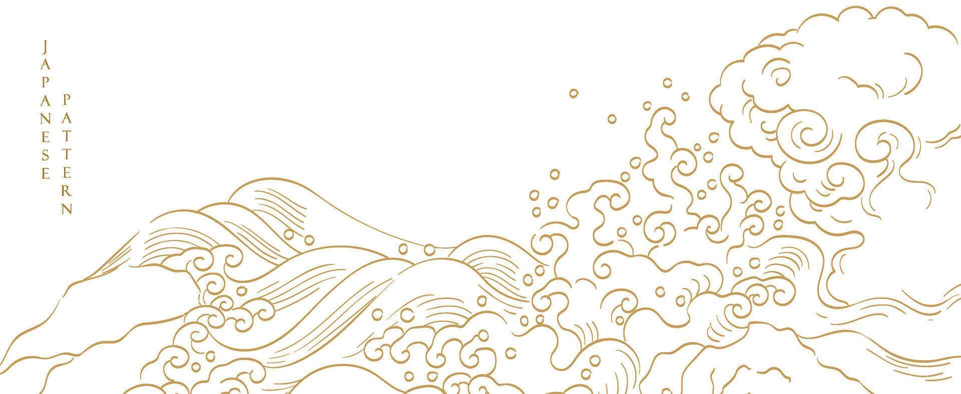 japanisch Hintergrund mit Hand gezeichnet Welle Elemente Vektor. Gold Linie Muster mit Ozean Meer Objekt im Jahrgang Stil vektor