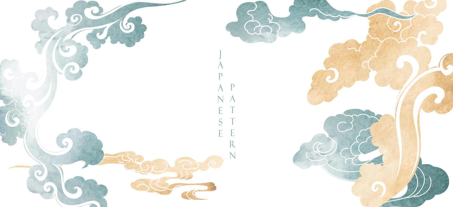 Blau, schwarz und braun Bürste Schlaganfall Textur mit japanisch chinses Wolke Muster im Jahrgang Stil. abstrakt Kunst Landschaft Banner Design mit Aquarell Textur Vektor. Rahmen und Rand . vektor