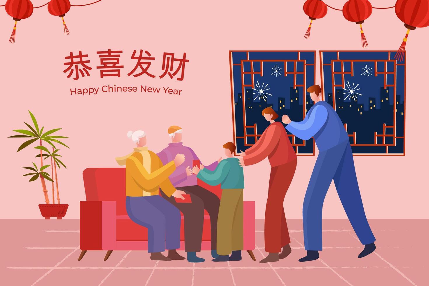 Chinesisch Neu Jahr Gruß Karte. Illustration von Großeltern geben Kind Glücklich Geld.Übersetzung wünsche Sie der Wohlstand und Vermögen. vektor