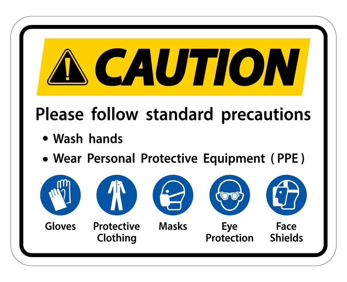 Vorsicht Bitte beachten Sie die üblichen Vorsichtsmaßnahmen, waschen Sie Ihre Hände, tragen Sie persönliche Schutzausrüstung, Handschuhe, Schutzkleidung, Masken, Augenschutz, Gesichtsschutz vektor