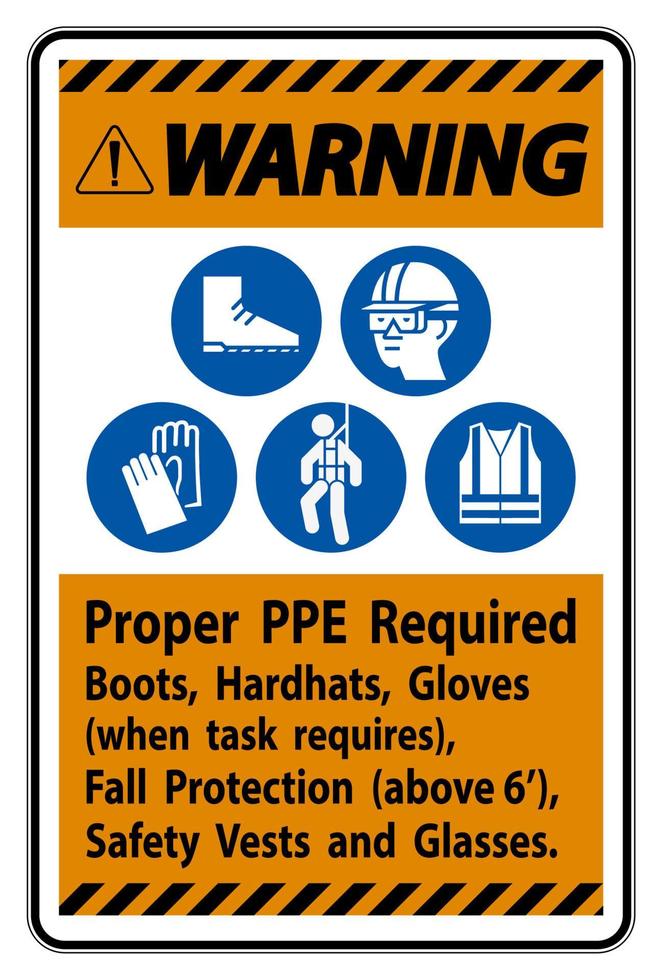 Warnschild richtige ppe erforderlich Stiefel, Schutzhelme, Handschuhe, wenn Aufgabe Absturzsicherung mit ppe Symbolen erfordert vektor