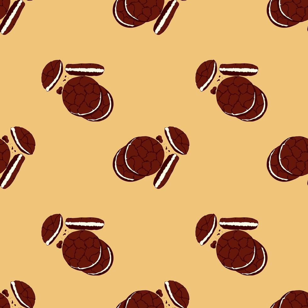 mönster med choklad småkakor på orange bakgrund, hand dragen doodles. nationell kaka dag. vektor