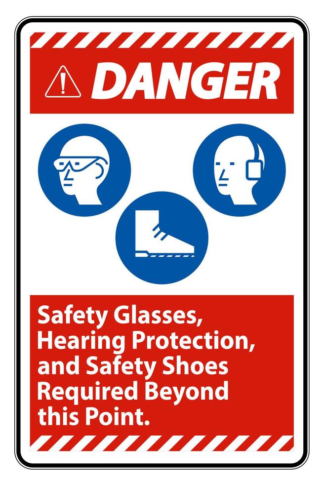 fara tecken skyddsglasögon, hörselskydd och skyddsskor som krävs utöver denna punkt på vit bakgrund vektor