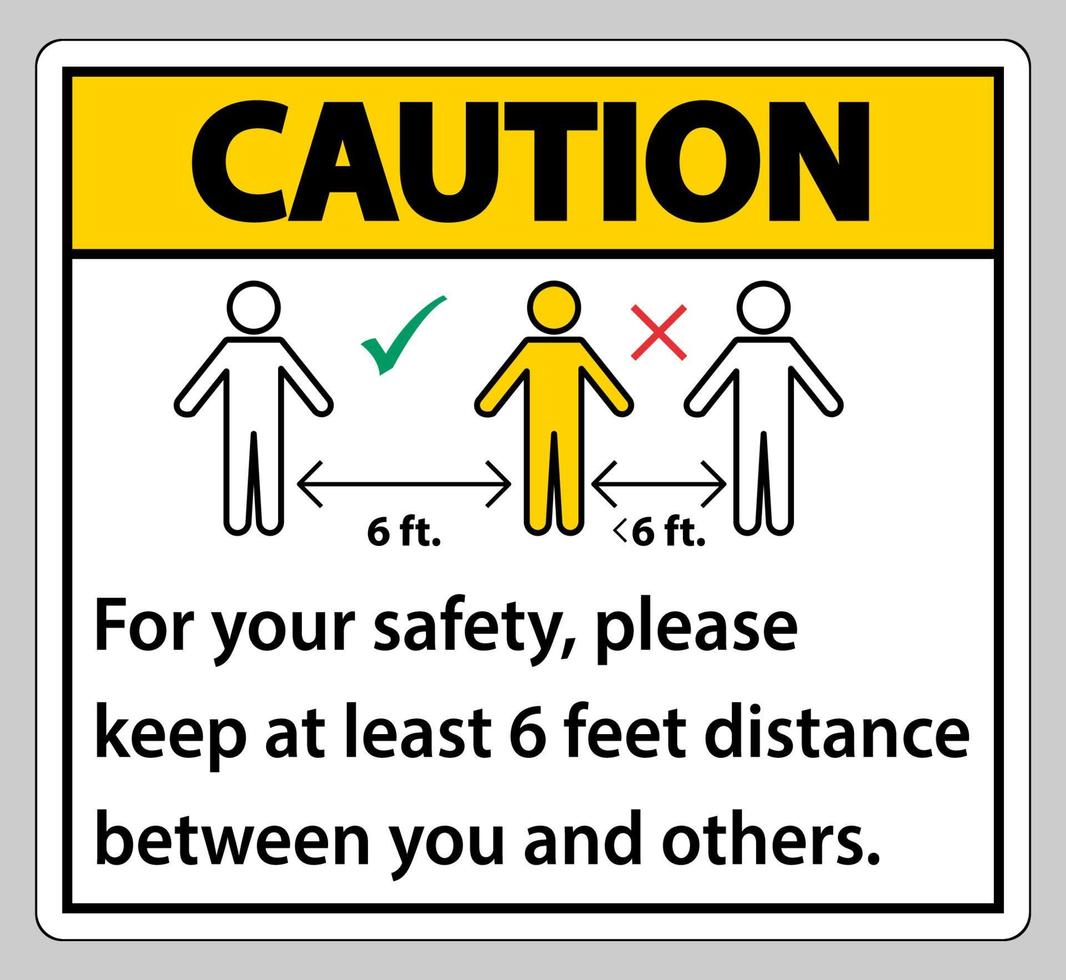 Var försiktig håll 6 fot avstånd, för din säkerhet, vänligen håll minst 6 fot avstånd mellan dig och andra. vektor