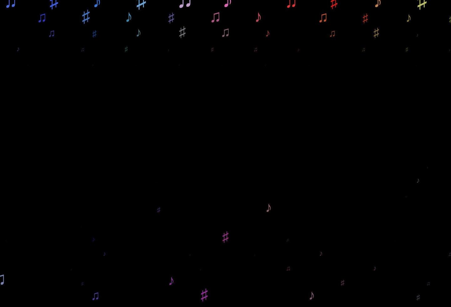 dunkle mehrfarbige, regenbogenfarbene Vektorkulisse mit Musiknoten. vektor