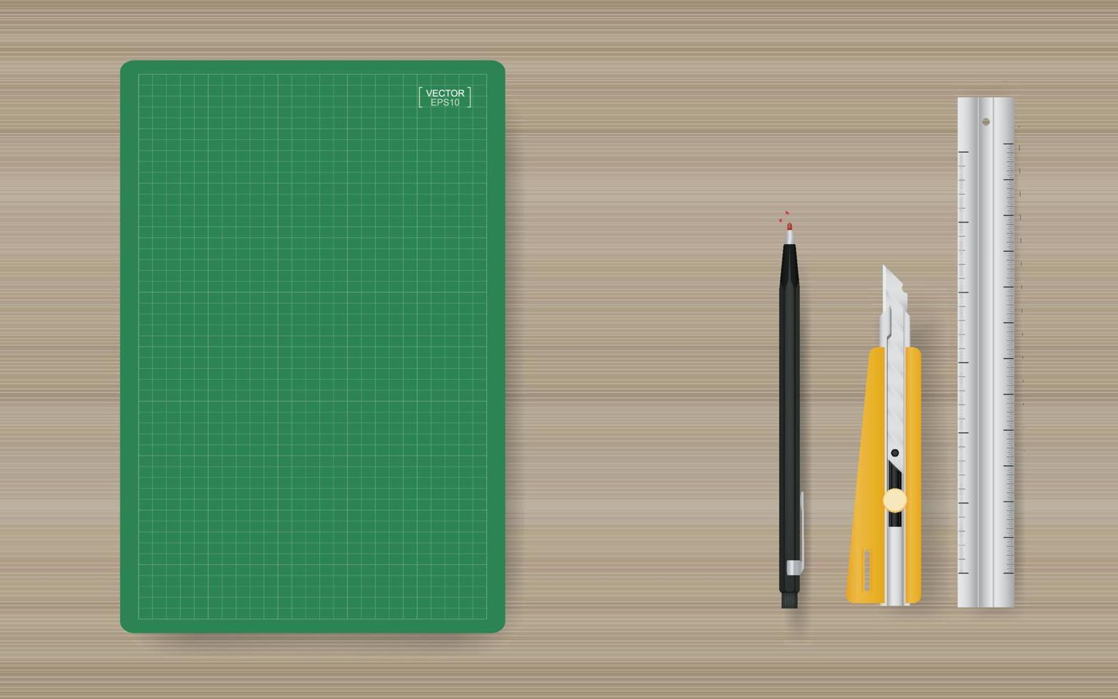 kontorsobjekt bakgrund av grön skärmatta med linjal, skärare och penna på trä. vektor. vektor