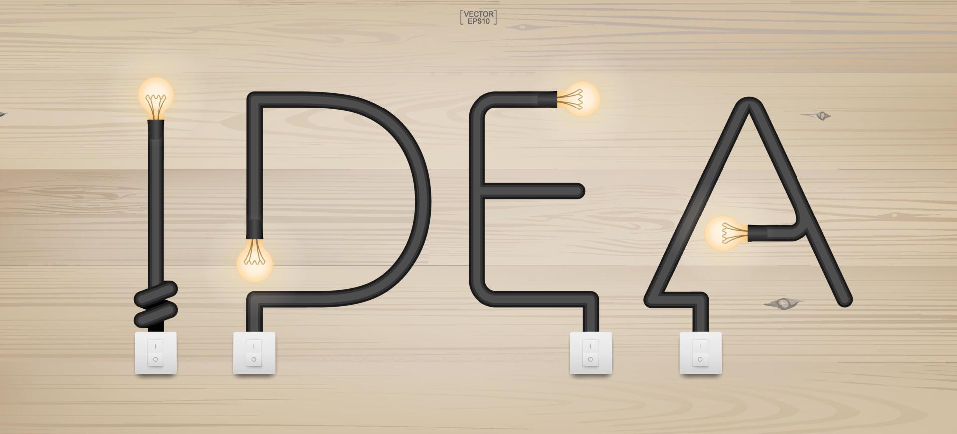 idé - abstrakt alfabet av glödlampa och ljusbrytare på trästruktur. vektor. vektor