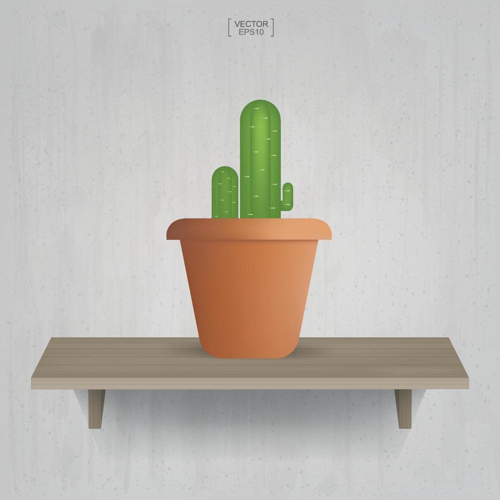Kaktus - schöne Dekorationspflanze im Blumentopf auf Holzregalhintergrund. Idee für Innenarchitektur und Dekoration. Vektor. vektor