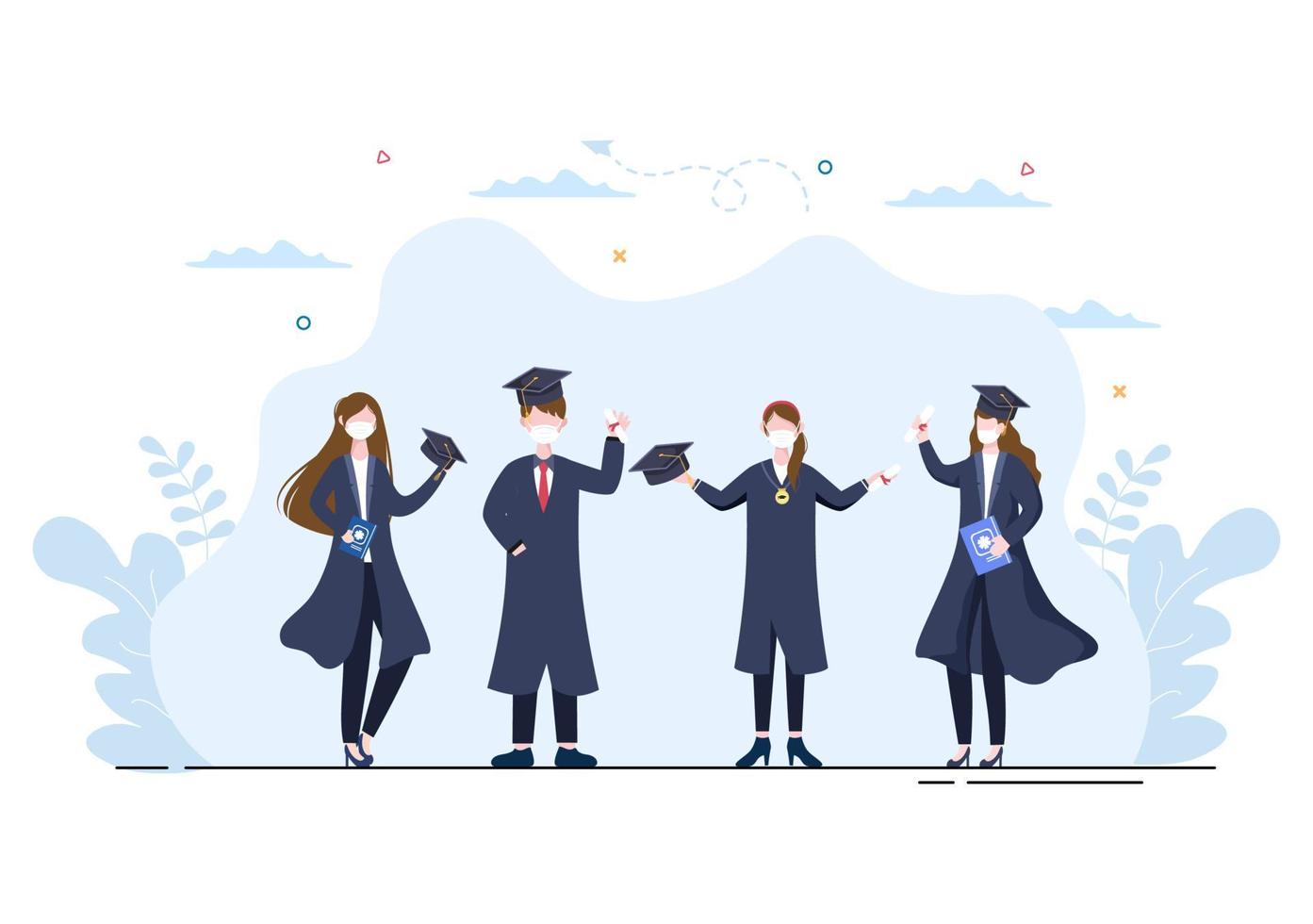 glad examen dag av studenter som firar bakgrund vektor illustration bär akademisk klänning, examen cap och hålla diplom i platt stil