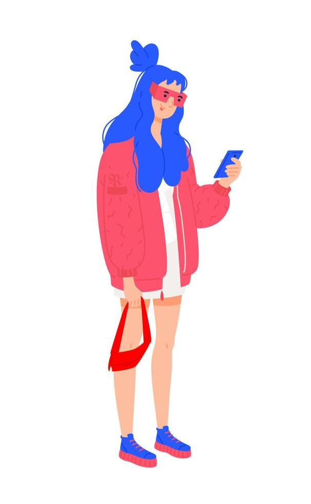 Illustration eines jungen Mädchens in einer roten Jacke. Vektor. stylisches Hipster-Mädchen mit blauen Haaren. Mädchen in roter Brille mit einem Telefon. Generation z, mellinear. flacher Stil. vektor