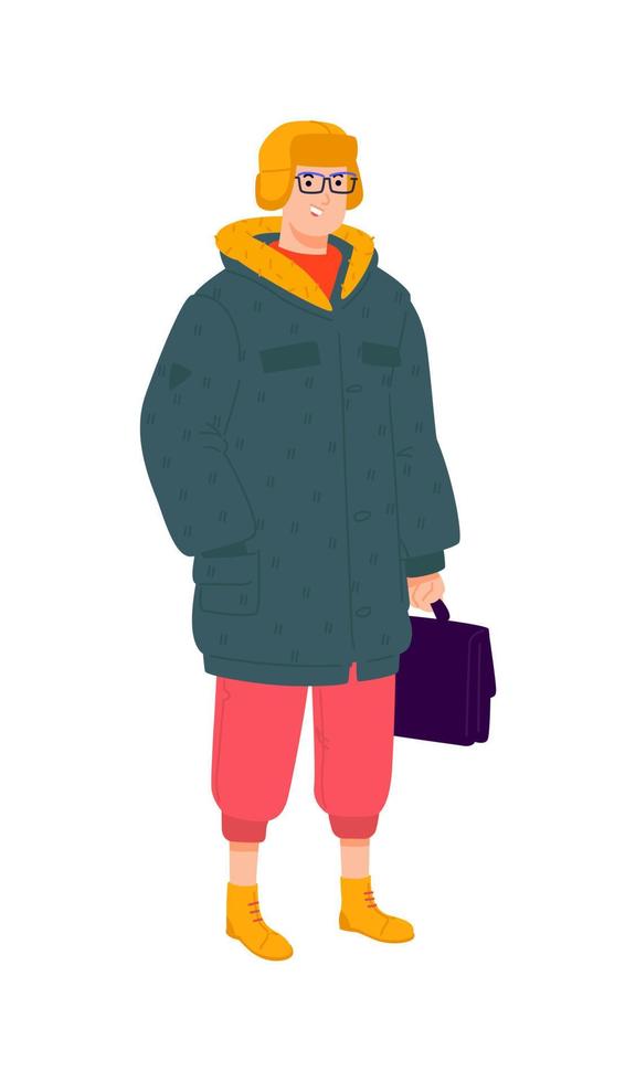 illustration av en ung man i vinterkläder. vektor. snygg hipster i dunjacka med portfölj. fashionabel kille med glasögon och gröna sneakers. generation z, mellineal. vektor