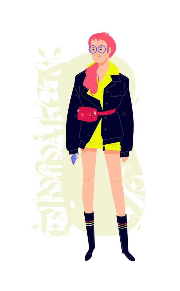 Illustration eines jungen modischen Mädchens mit einem Telefon. Vektor. rothaariges Mädchen in schwarzer Jacke und Brille. Käufer und Shopaholic. Cartoon-Stil. vor dem Hintergrund eines gotischen Elements. vektor