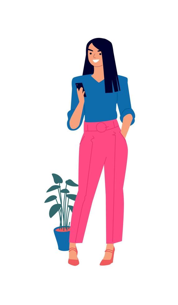 illustration av en söt tjej i en blå blus och rosa byxor. vektor. kvinna med telefon. avslappnad klädstil. platt stil. bilden är isolerad på en vit bakgrund. vektor