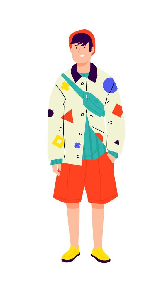 Illustration eines jungen Mannes in einem hellen Avantgarde-Hemd. Vektor. stylischer Hipster in orangefarbenen Shorts. modischer kerl in roter mütze mit tasche und in gelben stiefeln. Generation Z, Jahrtausend. vektor