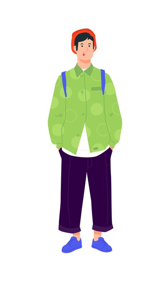 Illustration eines jungen Mannes in einem hellgrünen Hemd. Vektor. stylischer Hipster in dunkler Hose. modischer Typ in roter Mütze mit Rucksack und in blauen Schönheiten. Generation Z, Jahrtausend. Ein schöner Junge. vektor
