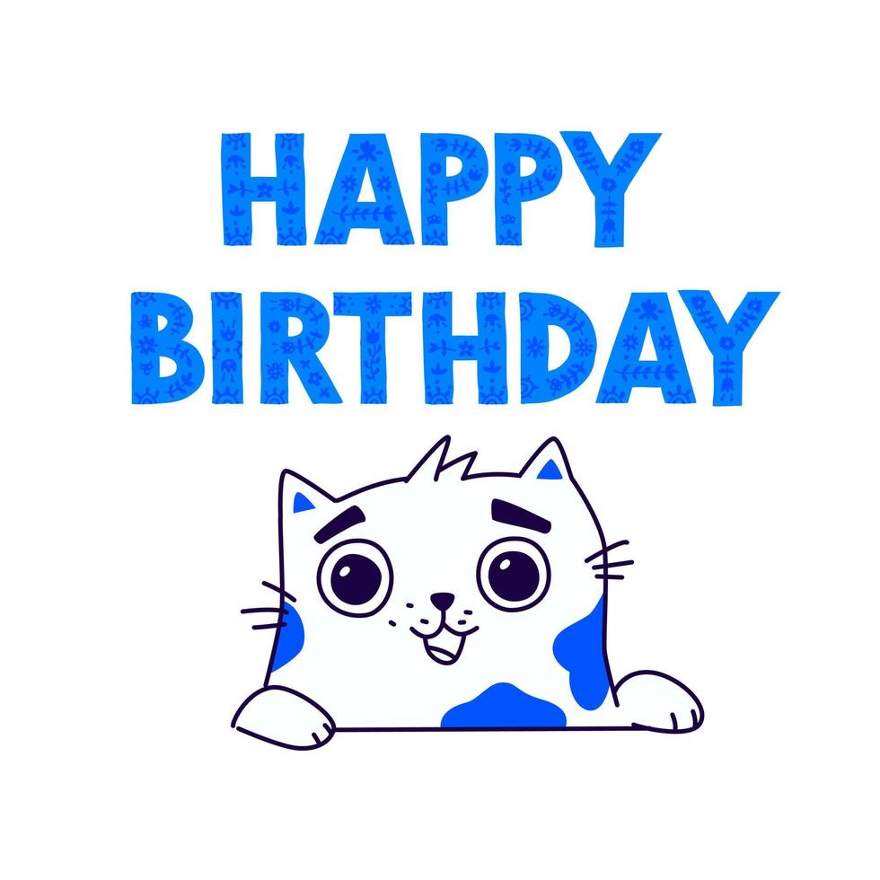 Illustration einer niedlichen Miezekatze. Vektor. Kontur süße Katze wünscht alles Gute zum Geburtstag. flacher Kawaii-Stil. Held für den Comic. Maskottchen für das Unternehmen, Zeichnung für ein T-Shirt und eine Grußkarte. vektor