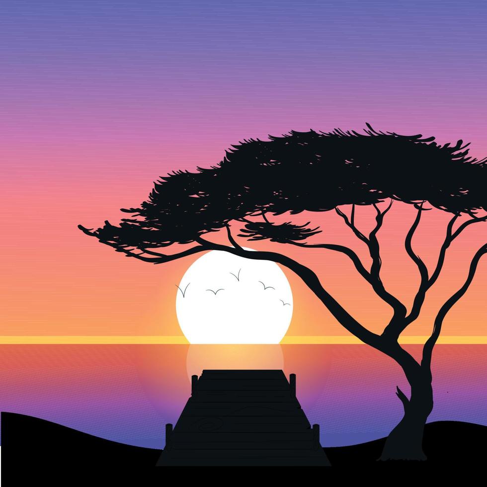 vektor illustration av en solnedgång med en pir