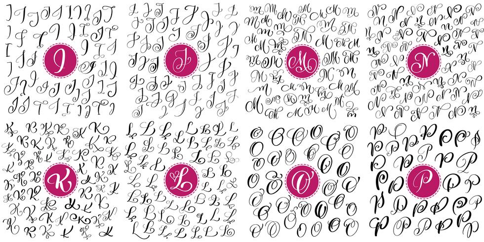 Sats med handtecknade vektor kalligrafi bokstäver I, J, K, K, M, N, O, Pr