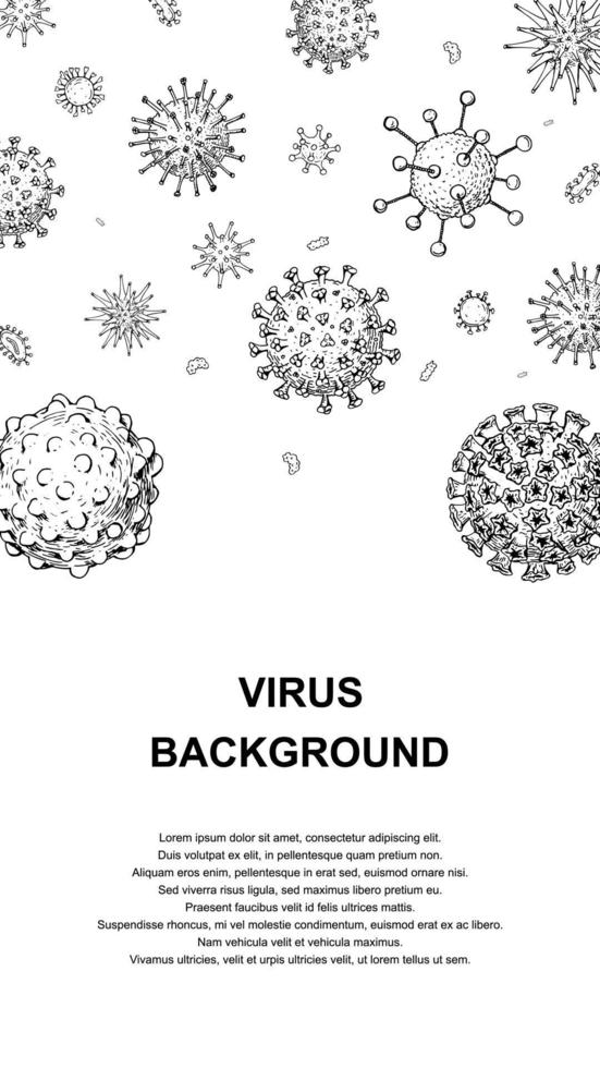 vertikales Virendesign mit handgezeichneten Elementen für Banner, Social-Media-Geschichten, Karten, Broschüren. Mikroskop-Virus hautnah. Vektorillustration im Skizzenstil. covid-2019 vektor